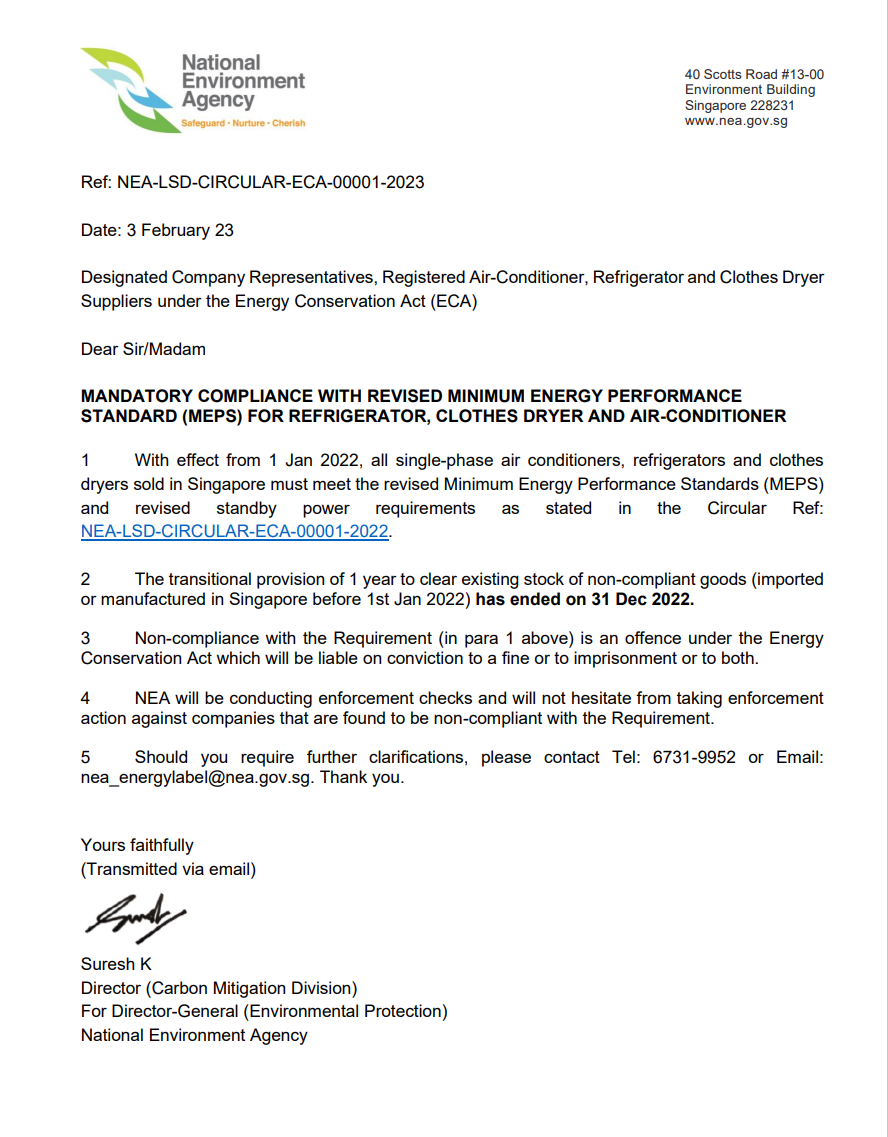 新加坡更新空調(diào)、冰箱和干衣機(jī)的能效法規(guī)